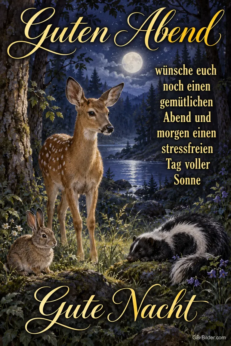 Rehkitz, Hase und Stinktier im Mondschein am Waldsee, Text: Guten Abend, wünsche euch noch einen gemütlichen Abend. Gute Nacht