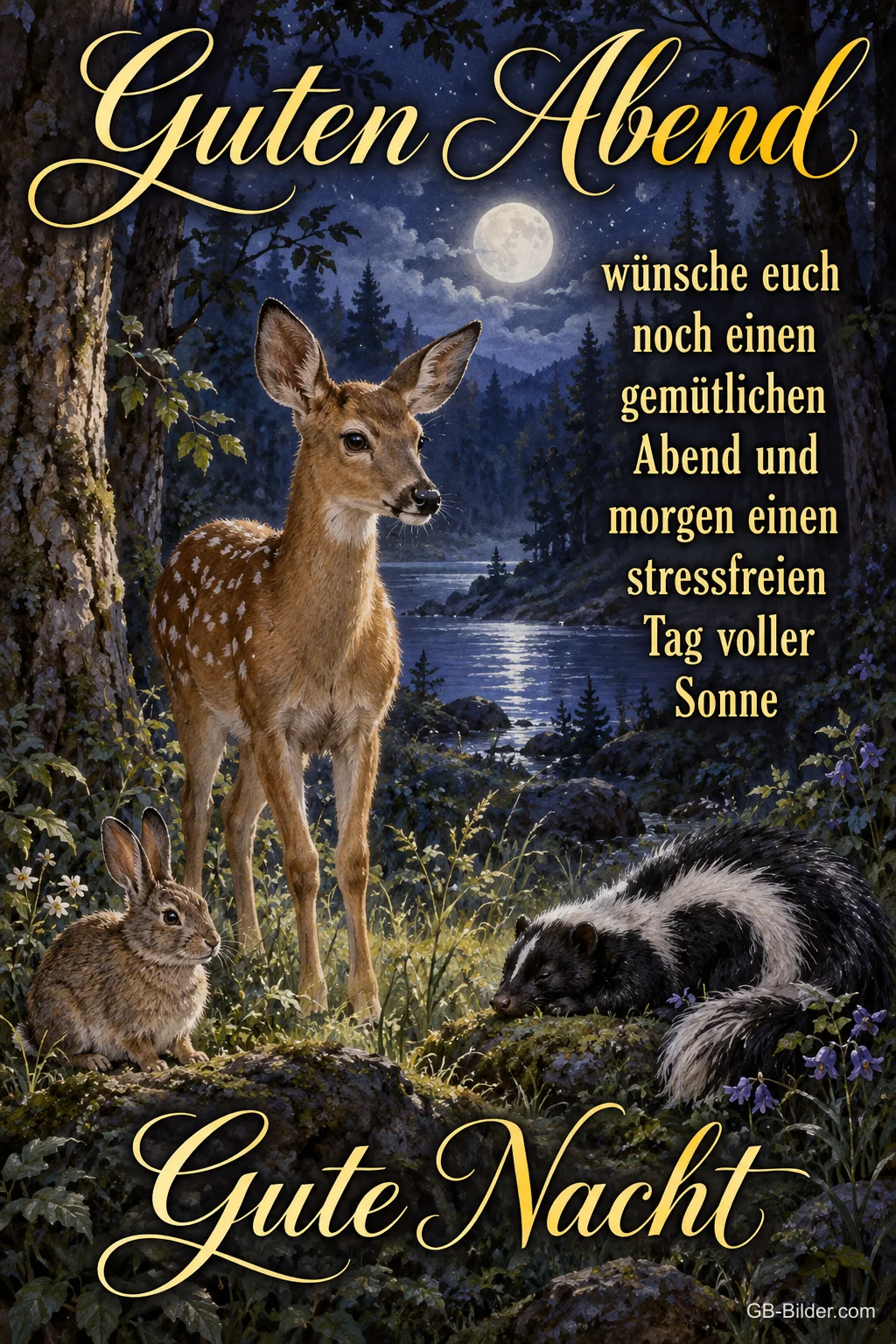 Rehkitz, Hase und Stinktier im Mondschein am Waldsee, Text: Guten Abend, wünsche euch noch einen gemütlichen Abend. Gute Nacht