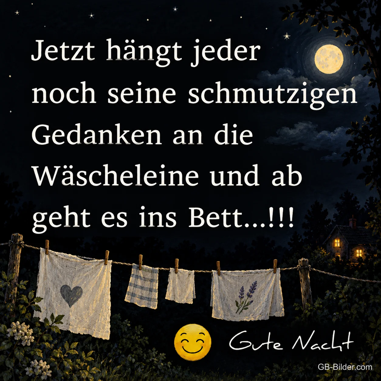 Wäscheleine im nächtlichen Garten unter dem Mond, Text: Jetzt hängt jeder noch seine schmutzigen Gedanken an die Wäscheleine und ab geht es ins Bett! Gute Nacht