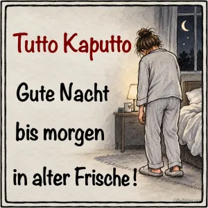 Müde Frau im Pyjama geht zum Bett, Text: Tutto kaputto – Gute Nacht, bis morgen in alter Frische!