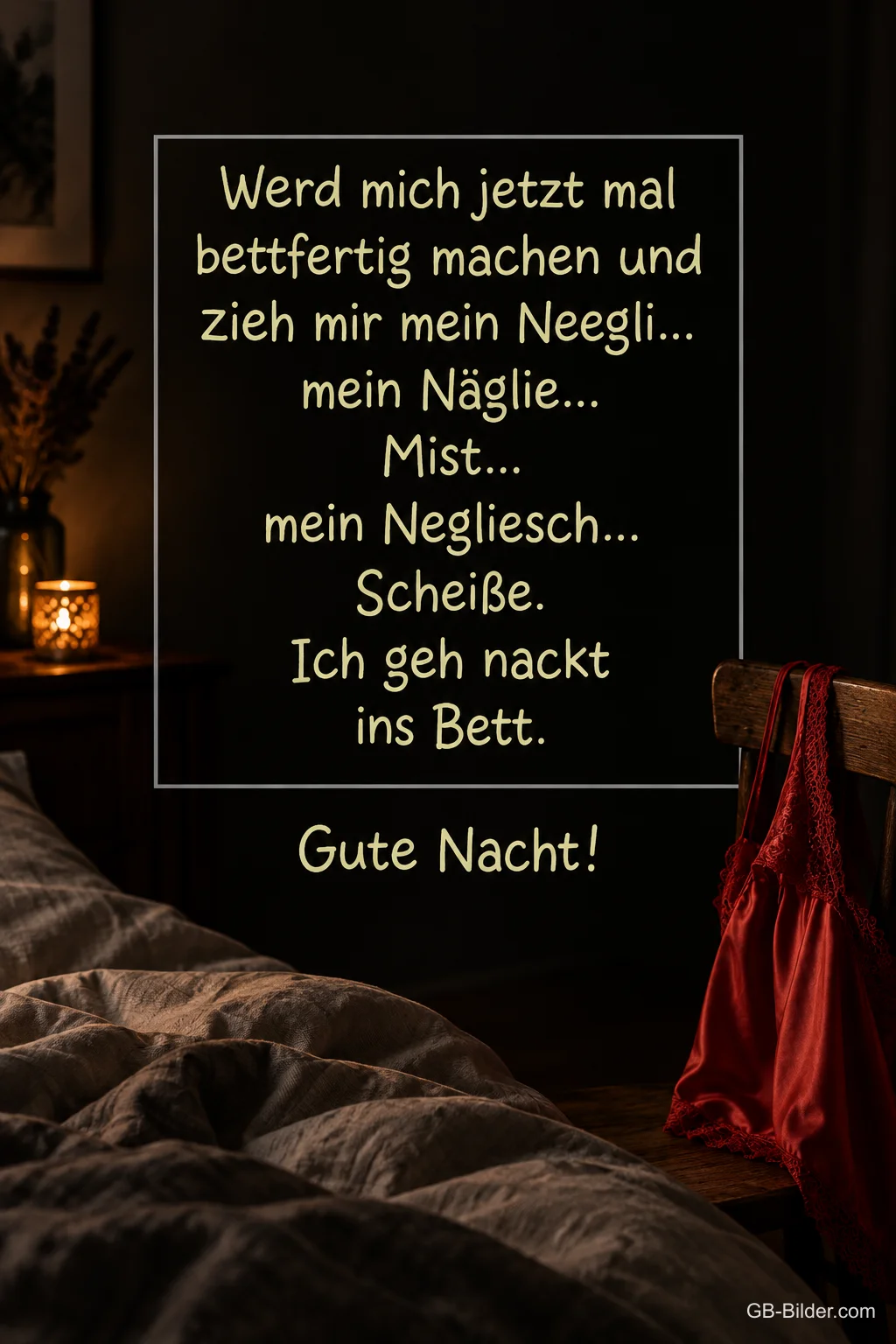 Dunkles Schlafzimmer mit Nachthemd auf dem Stuhl, lustiger Gute-Nacht-Spruch über das Negligé