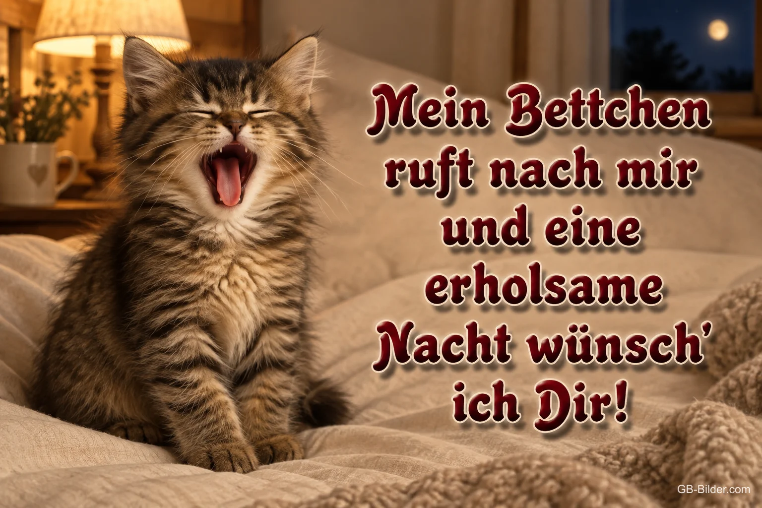 Gähnendes Kätzchen auf dem Bett, Text: Mein Bettchen ruft nach mir und eine erholsame Nacht wünsch’ ich dir!