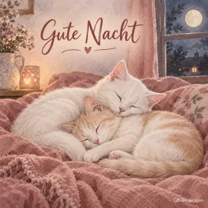 Zwei schlafende Kätzchen auf rosa Decke, Text: Gute Nacht
