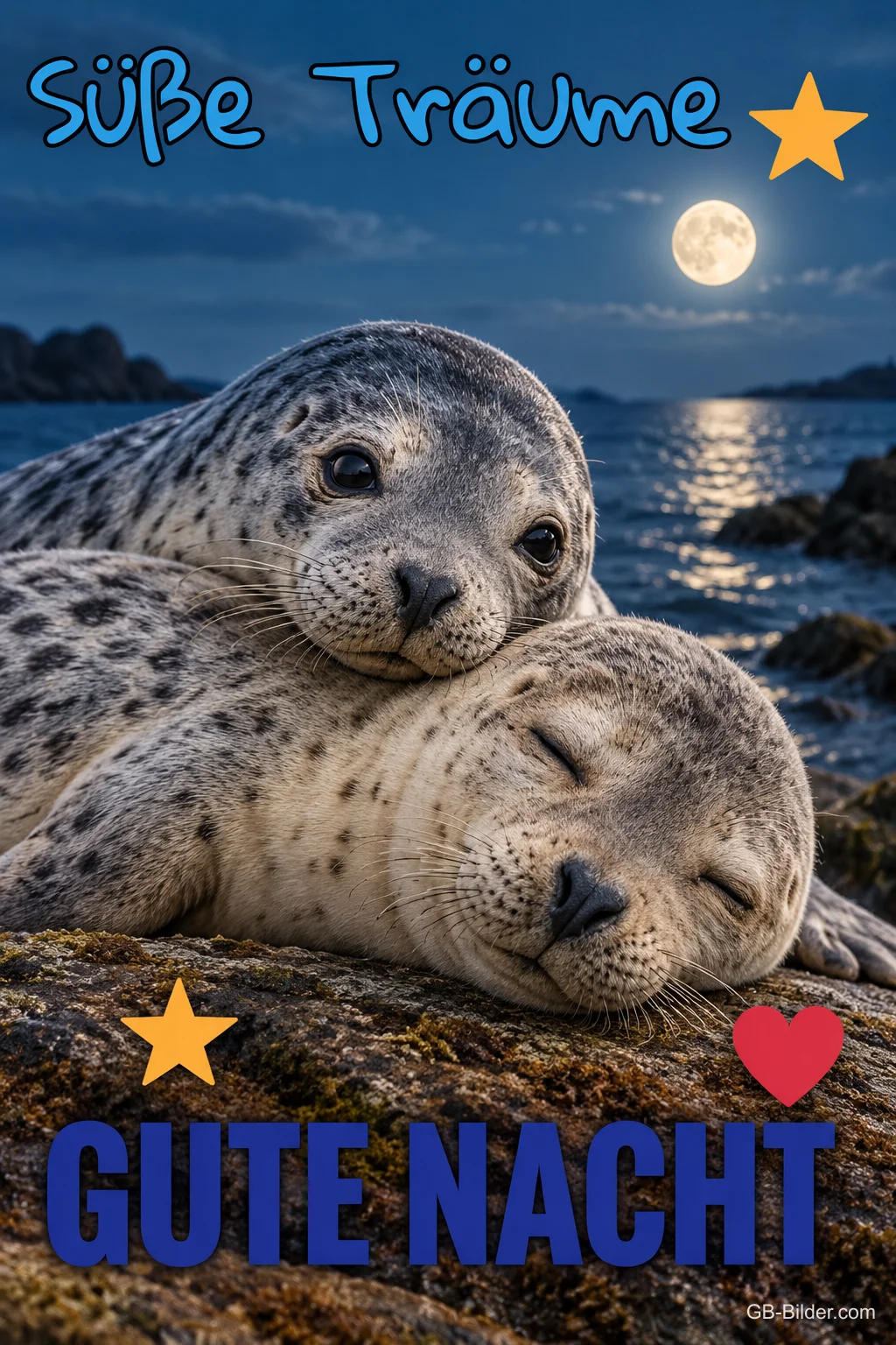 Zwei kuschelnde Seehunde am Meer im Mondschein, Text: Süße Träume – Gute Nacht