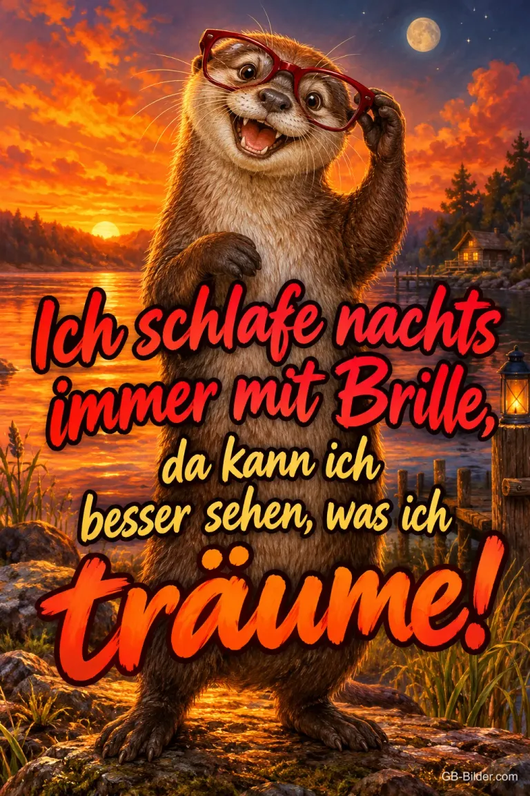 Otter mit roter Brille lacht vor dem Sonnenuntergang, Text: Ich schlafe nachts immer mit Brille, da kann ich besser sehen, was ich träume!