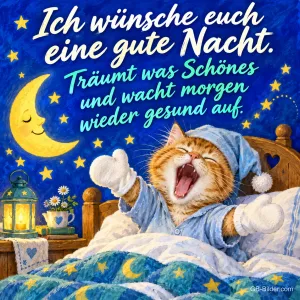 Katze mit Schlafmütze gähnt und streckt sich im Bett, Text: Ich wünsche euch eine gute Nacht. Träumt was Schönes und wacht morgen wieder gesund auf.