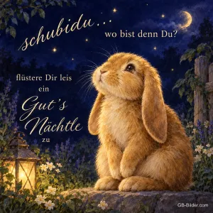 Kaninchen mit Laterne auf einer Gartenmauer bei Nacht, Text: Schubidu, wo bist denn du? Flüstere dir leis ein Gut’s Nächtle zu