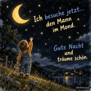 Kind greift nach der Mondsichel, Text: Ich besuche jetzt den Mann im Mond. Gute Nacht und träume schön.