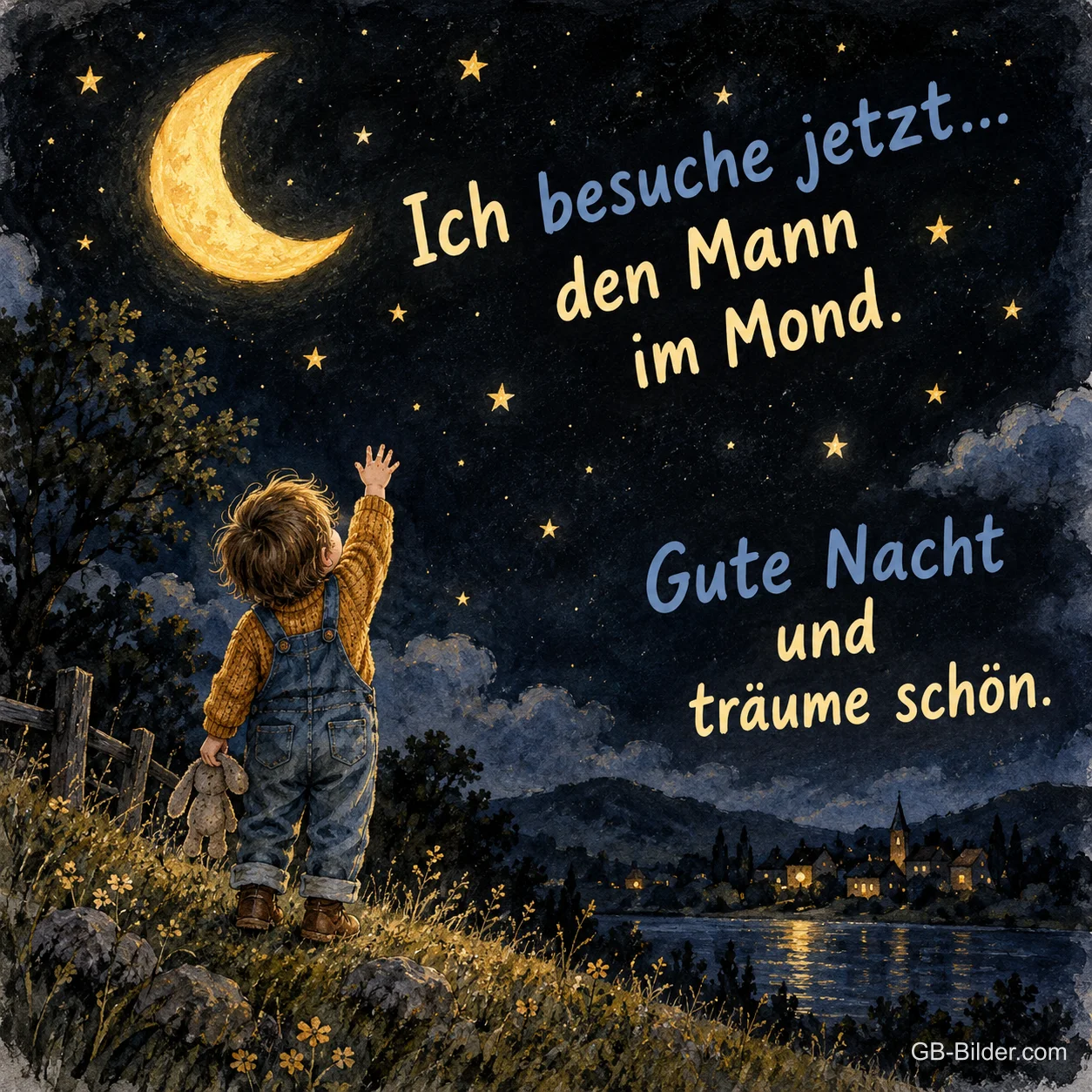 Kind greift nach der Mondsichel, Text: Ich besuche jetzt den Mann im Mond. Gute Nacht und träume schön.
