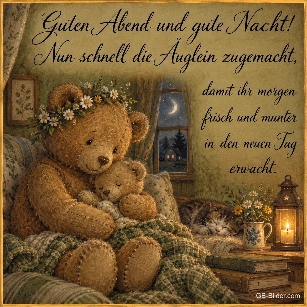 Teddybärmutter mit Jungem auf dem Sofa, Text: Guten Abend und gute Nacht! Nun schnell die Äuglein zugemacht