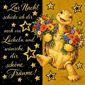 Lachende Schildkröte hält bunte Blumensträuße unter goldenen Sternen, Text: Zur Nacht schicke ich dir noch ein Lächeln und wünsche dir schöne Träume!