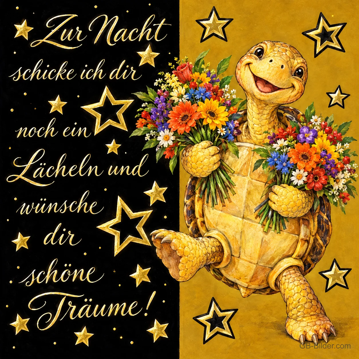 Lachende Schildkröte hält bunte Blumensträuße unter goldenen Sternen, Text: Zur Nacht schicke ich dir noch ein Lächeln und wünsche dir schöne Träume!
