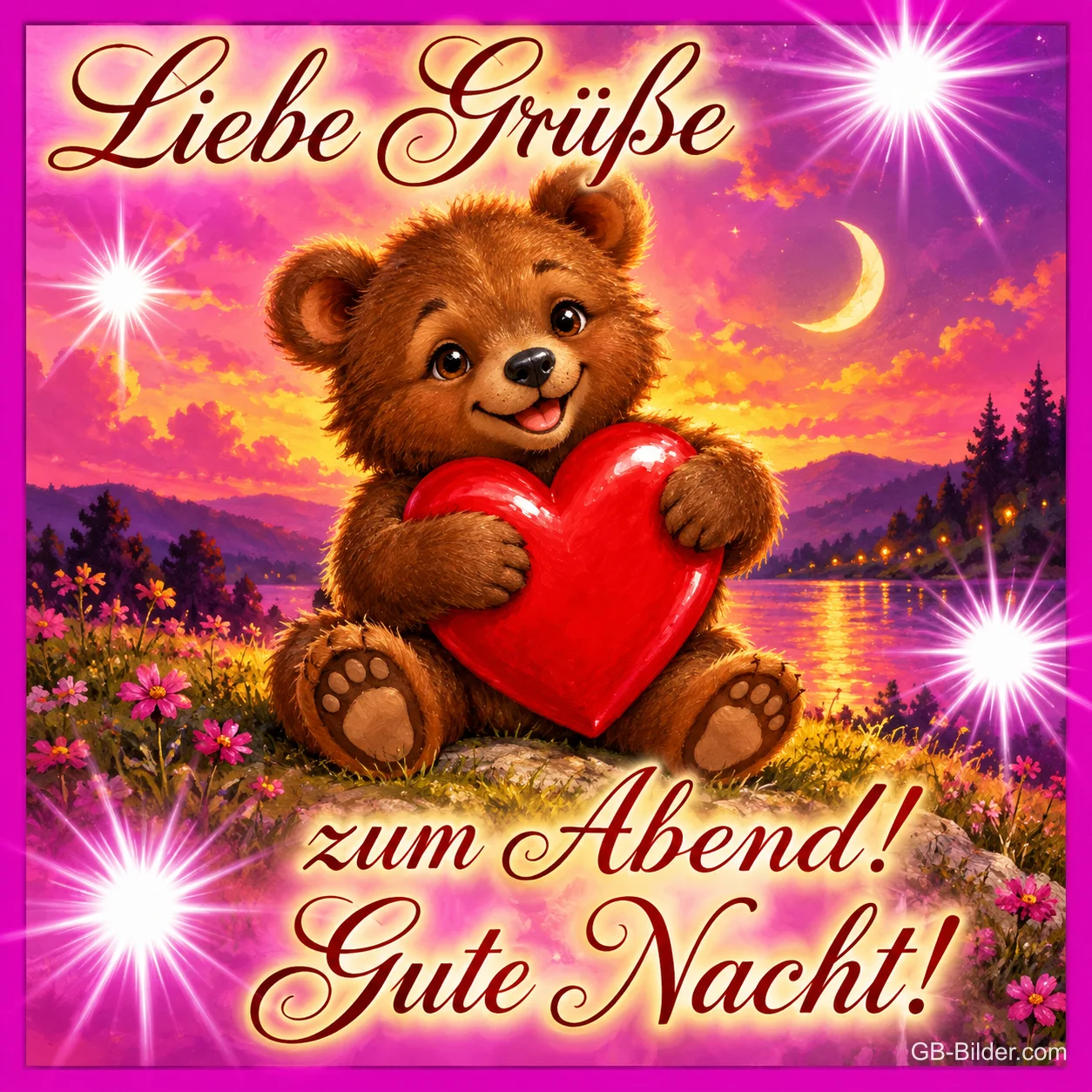Teddybär umarmt ein rotes Herz im Abendrot, Text: Liebe Grüße zum Abend! Gute Nacht!