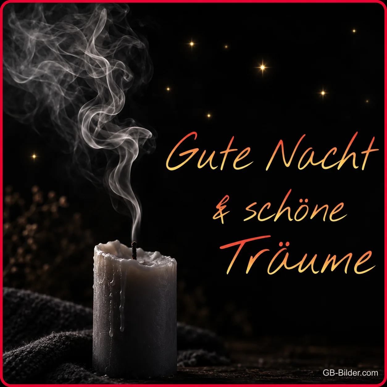 Ausgeblasene Kerze mit Rauch vor Sternen, Text: Gute Nacht und schöne Träume
