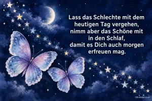 Leuchtende Schmetterlinge am Sternenhimmel, Text: Lass das Schlechte mit dem heutigen Tag vergehen, nimm aber das Schöne mit in den Schlaf