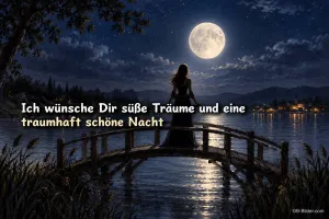 Silhouette einer Frau auf einer Brücke im Mondlicht, Text: Ich wünsche dir süße Träume und eine traumhaft schöne Nacht