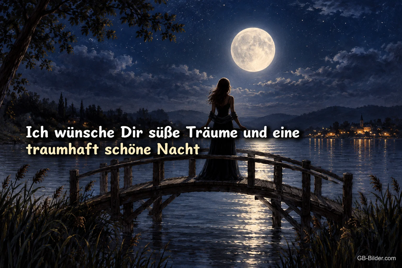 Silhouette einer Frau auf einer Brücke im Mondlicht, Text: Ich wünsche dir süße Träume und eine traumhaft schöne Nacht