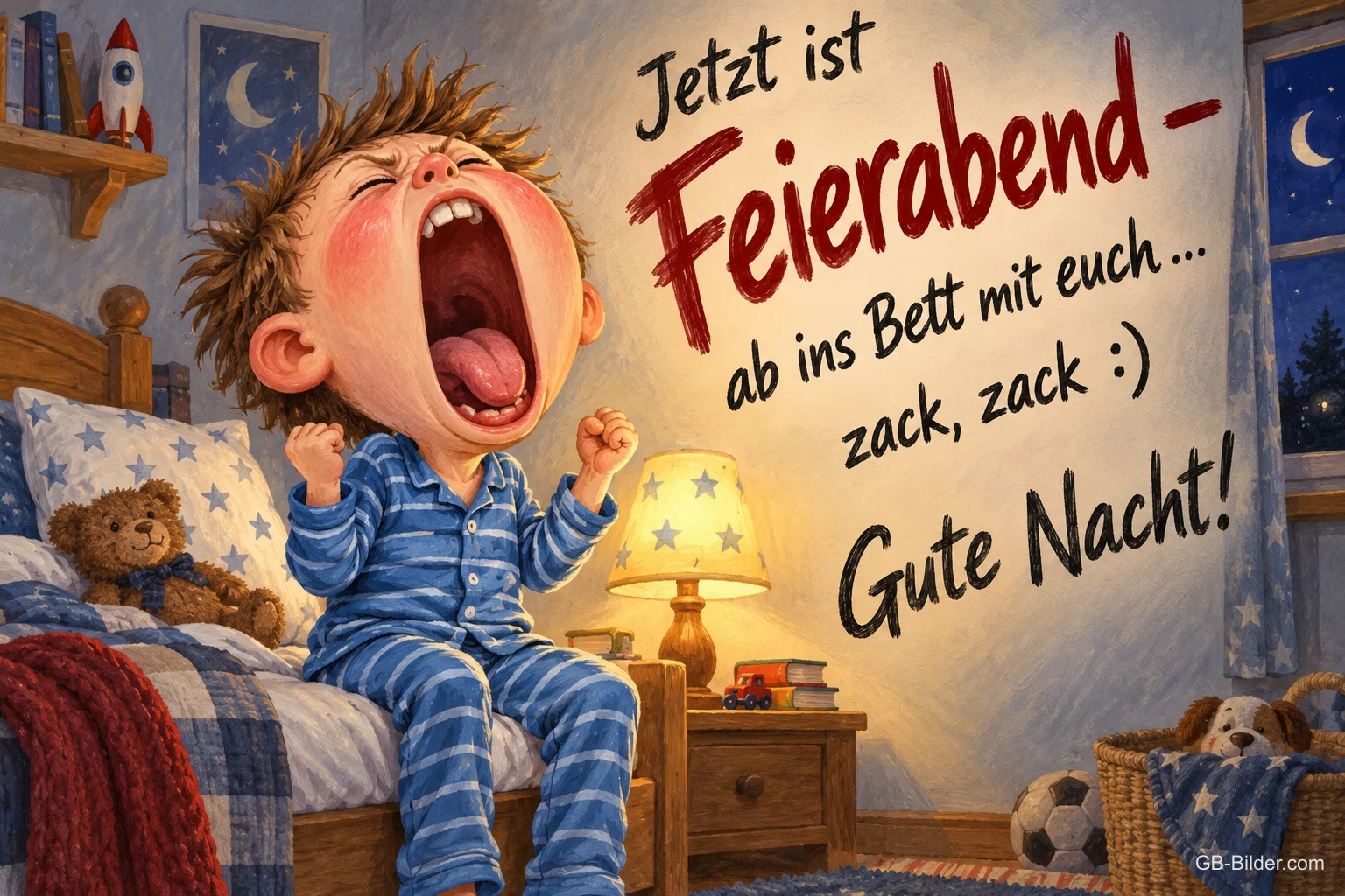 Junge im Schlafanzug gähnt laut auf dem Bett, Text: Jetzt ist Feierabend – ab ins Bett mit euch … zack, zack :) Gute Nacht!