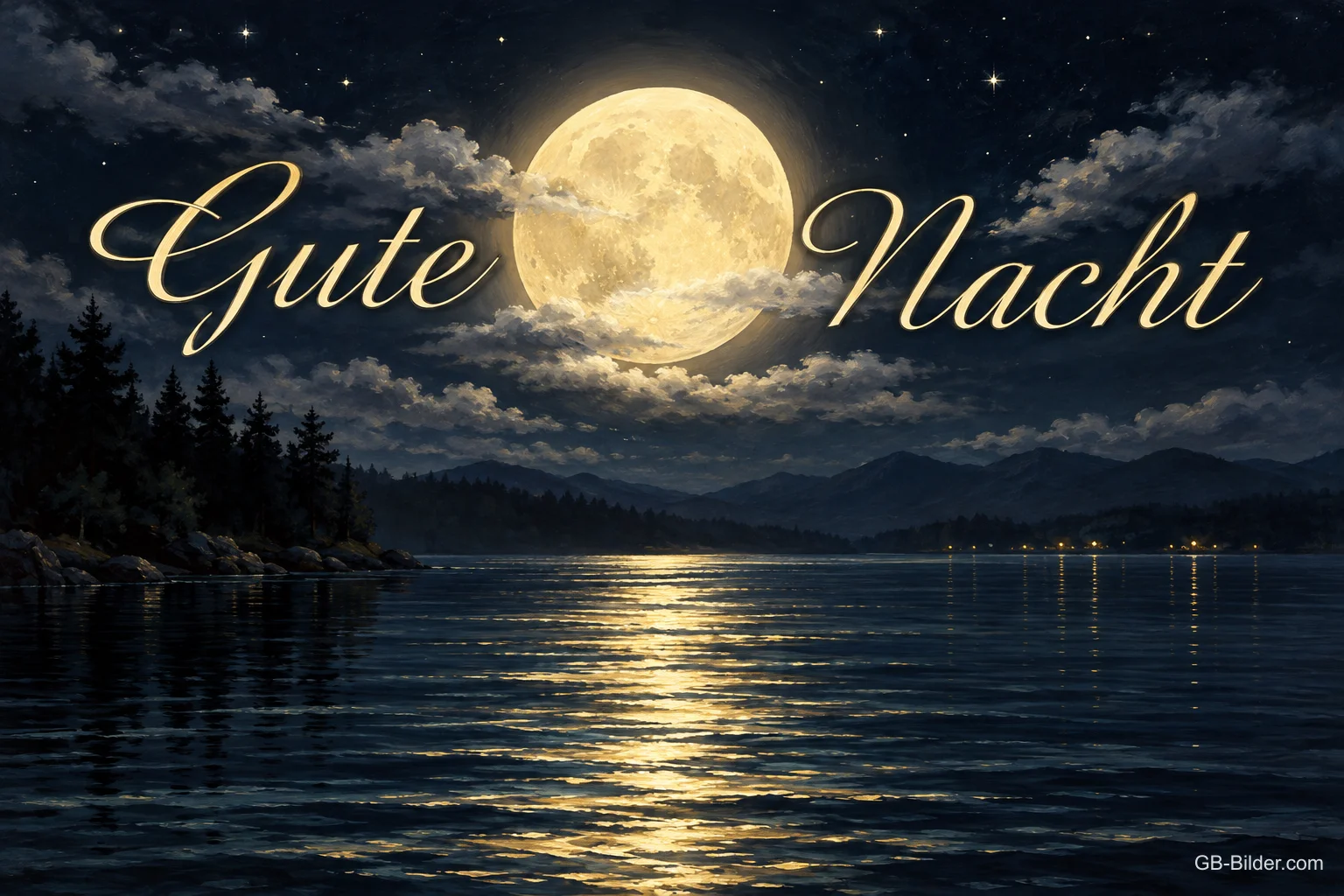 Vollmond über einem stillen See, Text: Gute Nacht