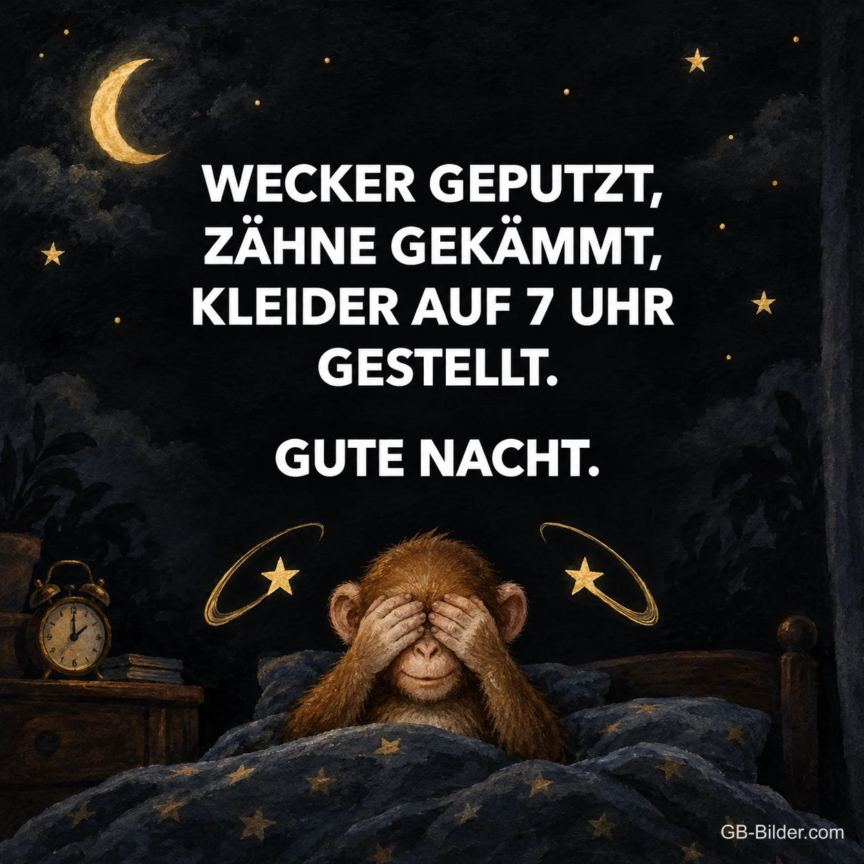 Affe hält sich im Bett die Augen zu, lustiger Spruch: Wecker geputzt, Zähne gekämmt. Gute Nacht.