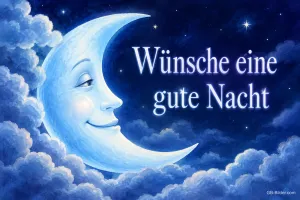 Lächelnde Mondsichel zwischen Wolken, Text: Wünsche eine gute Nacht