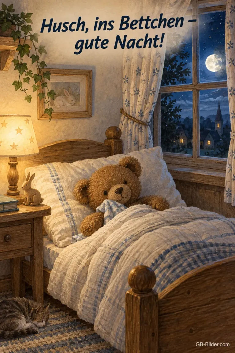 Teddybär im Kinderbett bei Mondschein, Text: Husch, ins Bettchen – gute Nacht!