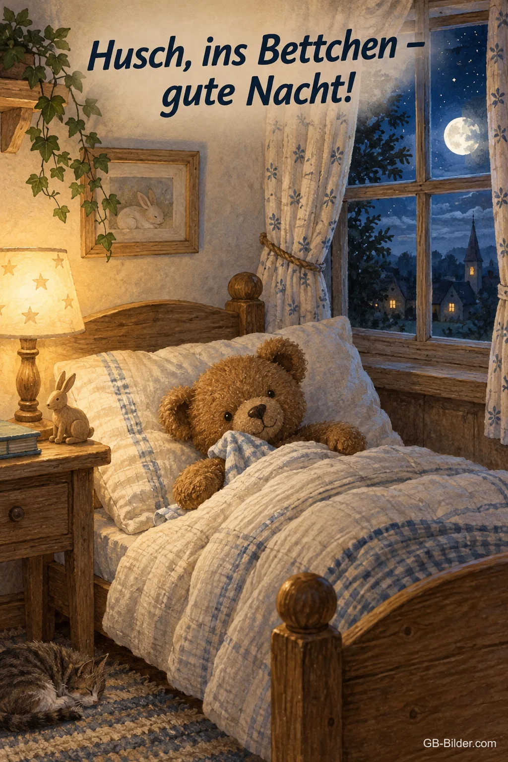 Teddybär im Kinderbett bei Mondschein, Text: Husch, ins Bettchen – gute Nacht!