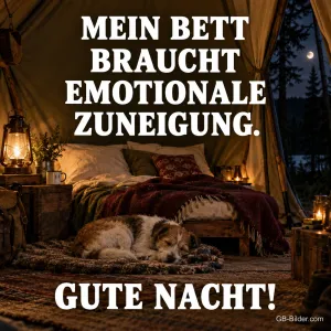 Schlafender Hund vor dem Bett, lustiger Spruch, Text: MEIN BETT BRAUCHT EMOTIONALE ZUNEIGUNG