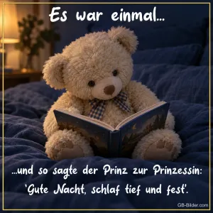 Teddybär liest ein Märchenbuch im Bett, Text: Es war einmal … Gute Nacht, schlaf tief und fest.