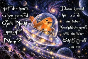 Vogel fliegt in einem gläsernen Raumschiff durchs All, Text: Hat dir heute schon jemand Gute Nacht gesagt? Nein? Dann kommt hier zu dir ein lieber Kuscheldicheingruß und ein lieber Schlafgutgruß von mir