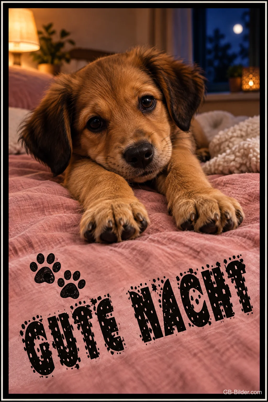 Welpe auf rosa Bettdecke, Text: Gute Nacht