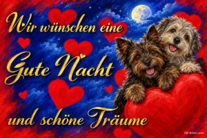 Zwei kleine Hunde auf einem roten Herz unter dem Mond, Text: Wir wünschen eine Gute Nacht und schöne Träume