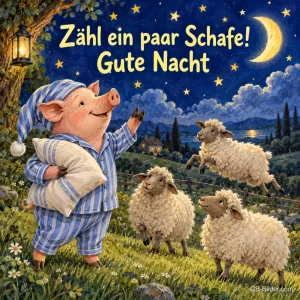 Schweinchen im Schlafanzug mit Kissen zählt springende Schafe, Text: Kannst du nicht schlafen? Zähl ein paar Schafe! Gute Nacht