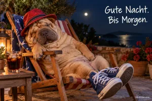 Shar-Pei mit rotem Hut und Turnschuhen schläft im Liegestuhl am Meer bei Nacht, Text: Gute Nacht. Bis Morgen.