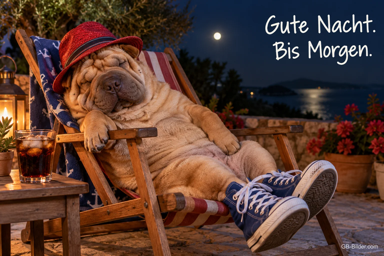 Shar-Pei mit rotem Hut und Turnschuhen schläft im Liegestuhl am Meer bei Nacht, Text: Gute Nacht. Bis Morgen.