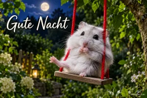 Weißer Hamster sitzt auf einer Holzschaukel im nächtlichen Garten bei Mondschein, Text: Gute Nacht