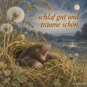 Gähnender Maulwurf im Grasnest, Text: schlaf gut und träume schön