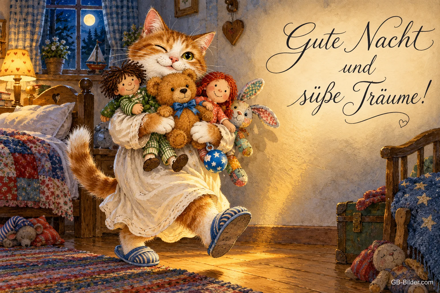 Katze im Nachthemd trägt Teddy, Puppen und Hase ins Kinderzimmer, Text: Gute Nacht und süße Träume!