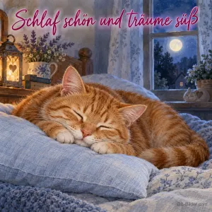 Schlafender roter Kater auf einem Kissen, Text: Schlaf schön und träume süß