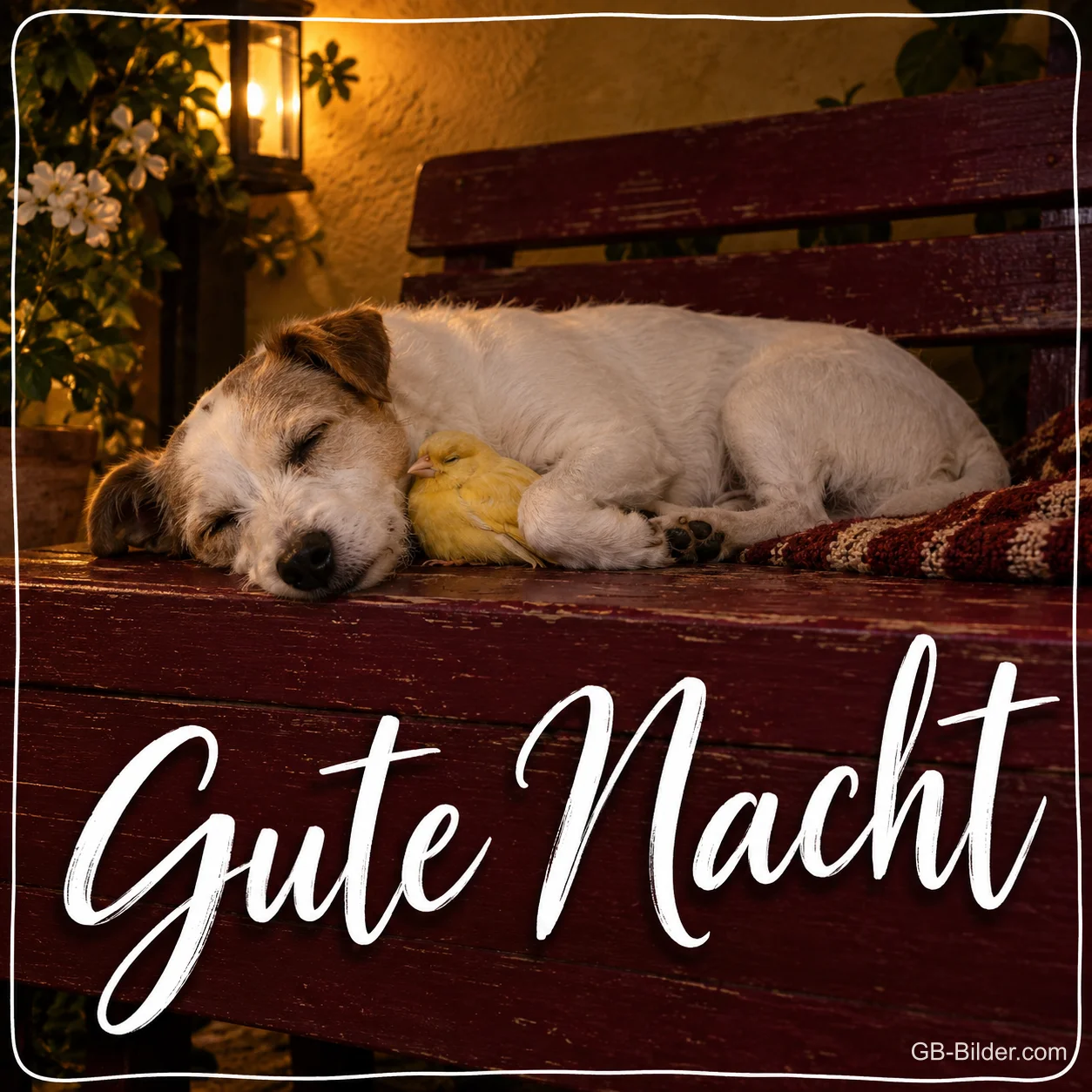 Schlafender Hund mit Vögelchen auf einer Bank, Text: Gute Nacht