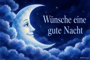 Lächelnde Mondsichel zwischen Wolken, Text: Wünsche eine gute Nacht