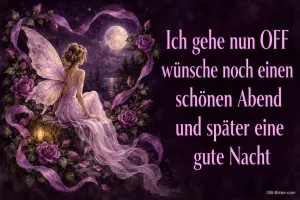 Elfe zwischen Rosen im Mondschein, Text: Ich gehe nun OFF, wünsche noch einen schönen Abend und später eine gute Nacht