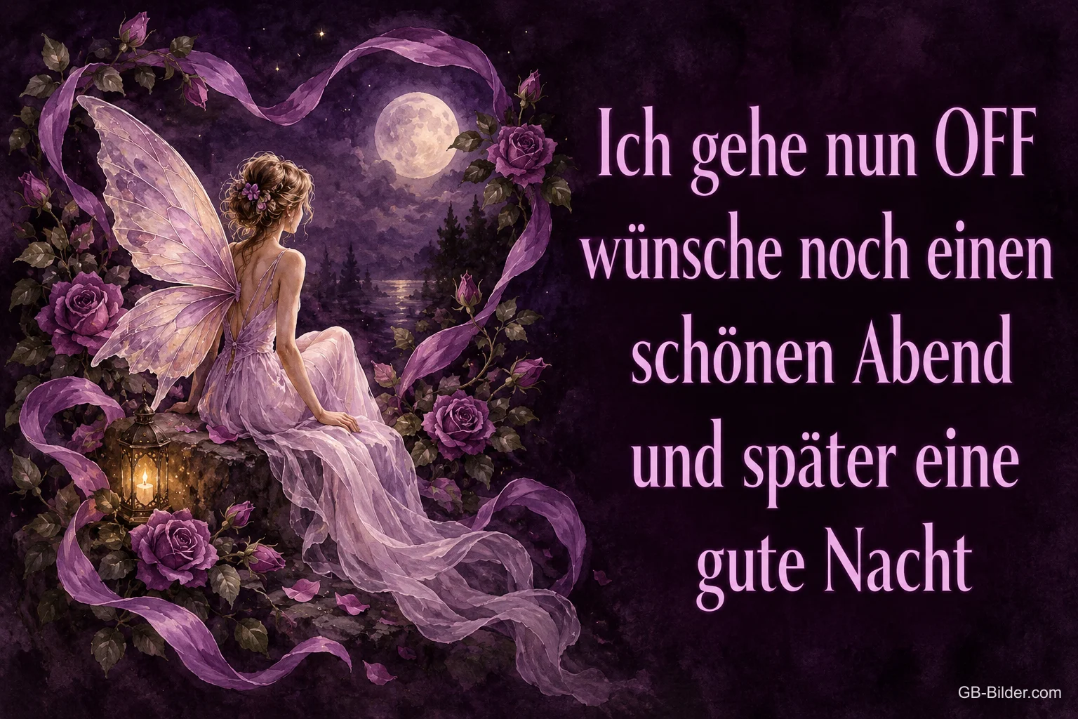 Elfe zwischen Rosen im Mondschein, Text: Ich gehe nun OFF, wünsche noch einen schönen Abend und später eine gute Nacht