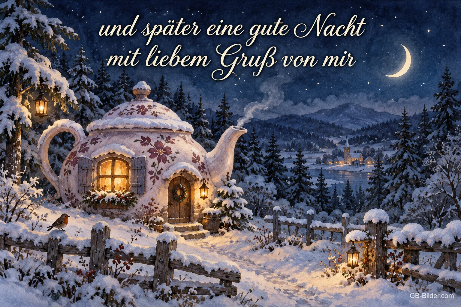 Teekannen-Häuschen in verschneiter Nacht, Text: und später eine gute Nacht mit liebem Gruß von mir