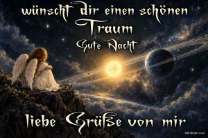 Engel blickt auf Planeten im Sternenhimmel, Text: wünscht dir einen schönen Traum, Gute Nacht, liebe Grüße von mir