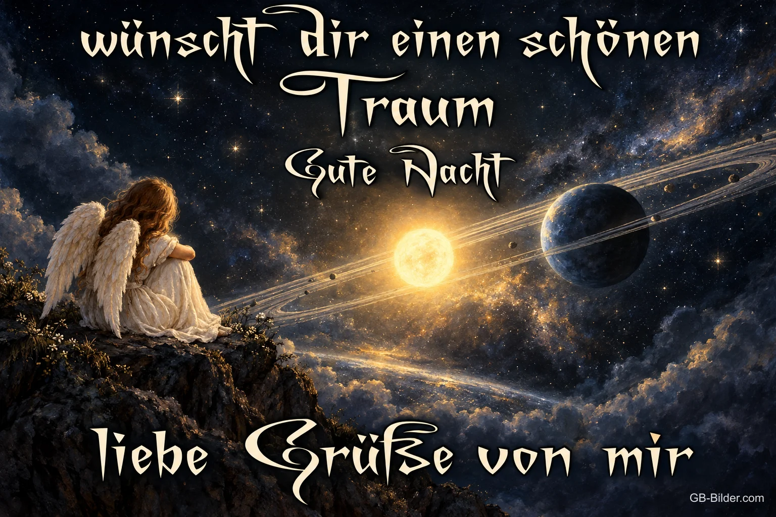 Engel blickt auf Planeten im Sternenhimmel, Text: wünscht dir einen schönen Traum, Gute Nacht, liebe Grüße von mir