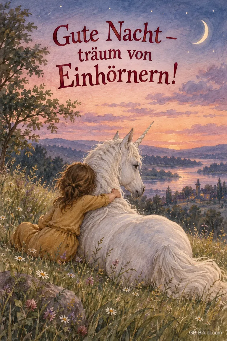 Kind kuschelt mit einem Einhorn auf einer Wiese, Text: Gute Nacht – träum von Einhörnern!