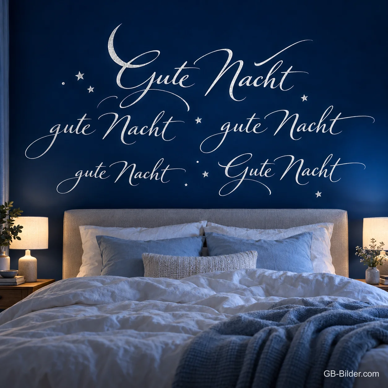 Bett im dunkelblauen Schlafzimmer, Text: Gute Nacht