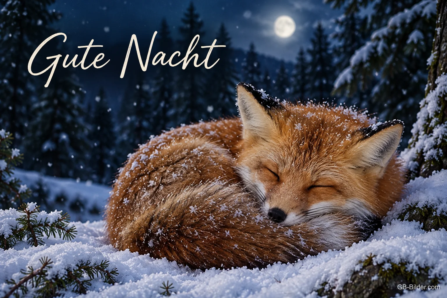 Schlafender Fuchs im Schnee, Text: Gute Nacht