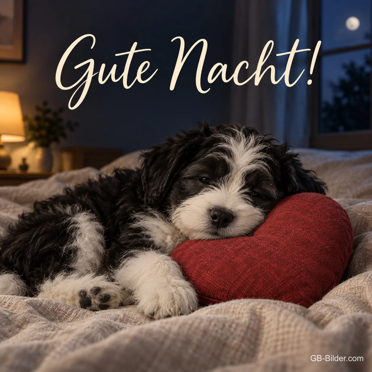 Schlafender Welpe mit Herzkissen, Text: Gute Nacht!